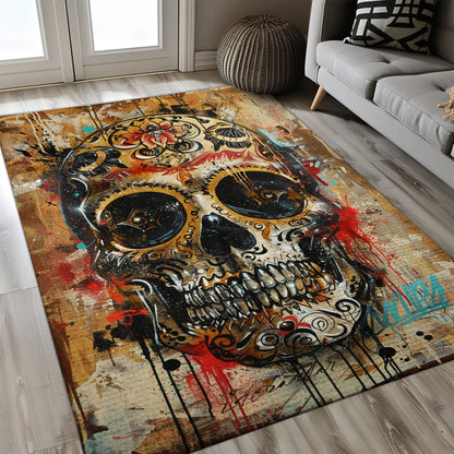 Personalized Colorful Mexican Dia de los Muertos Rug: Dramatic Touch for Your Space, Skull Rug, Area Rugs 5x8, 4x6, 3x5 Size for Living Room Bedroom Home Decorative Skull K52