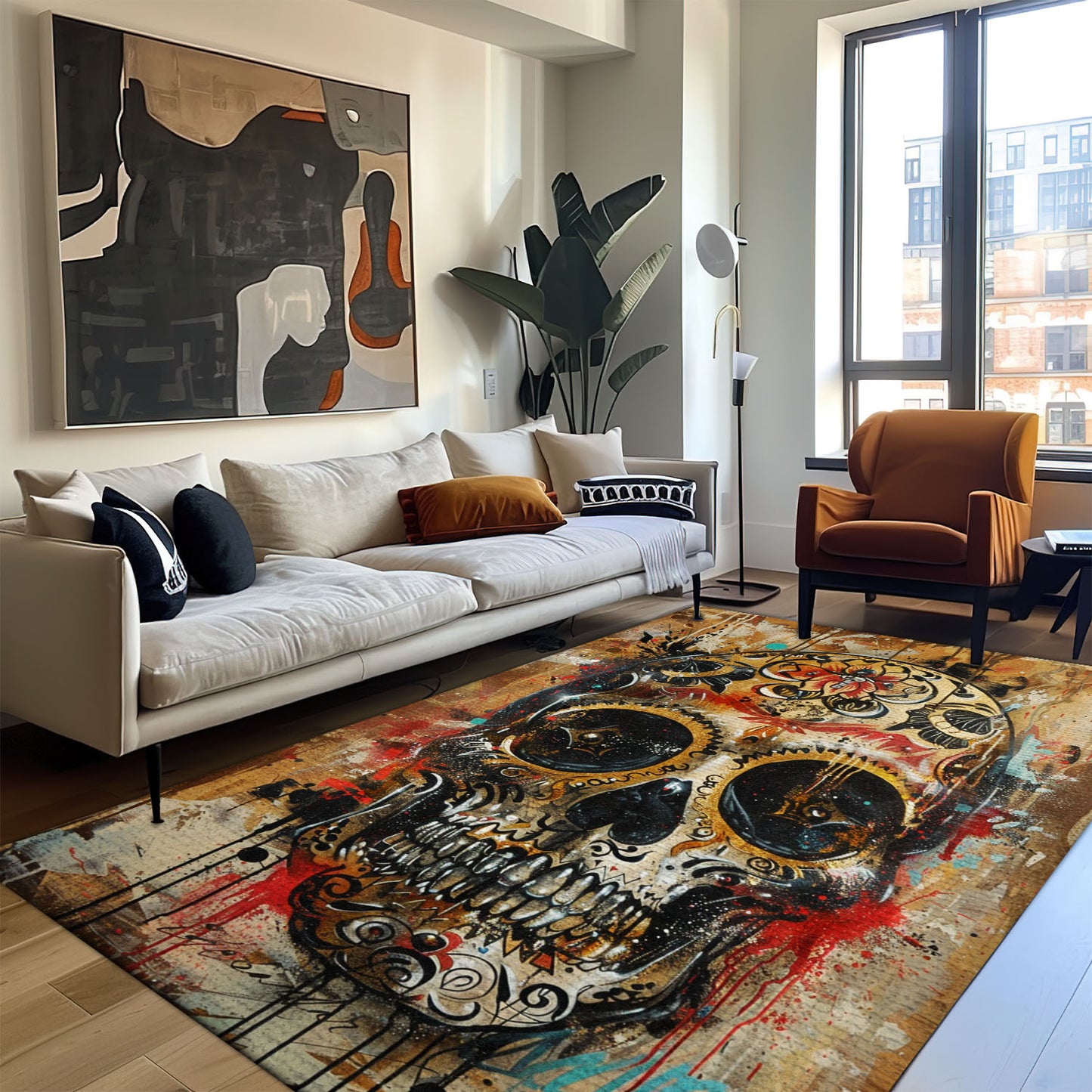 Personalized Colorful Mexican Dia de los Muertos Rug: Dramatic Touch for Your Space, Skull Rug, Area Rugs 5x8, 4x6, 3x5 Size for Living Room Bedroom Home Decorative Skull K52