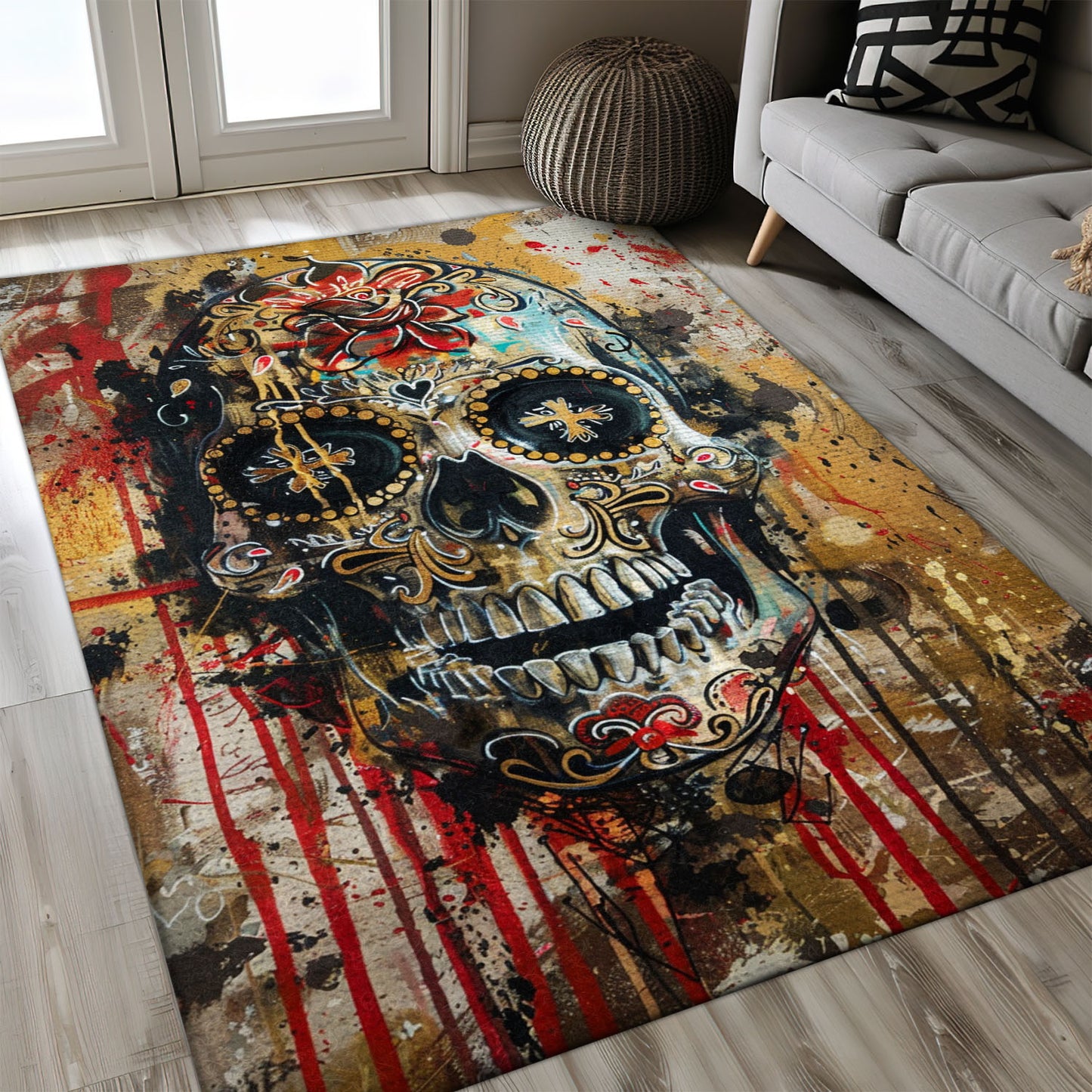 Personalized Vibrant Batik Sugar Skull Design Rug: Stand Out Floors with Style, Skull Rug, Area Rugs 5x8, 4x6, 3x5 Size for Living Room Bedroom Home Decorative Skull K50