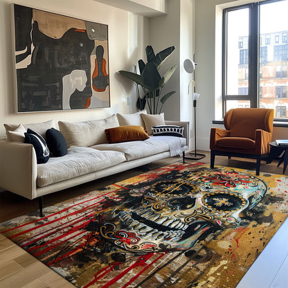 Personalized Vibrant Batik Sugar Skull Design Rug: Stand Out Floors with Style, Skull Rug, Area Rugs 5x8, 4x6, 3x5 Size for Living Room Bedroom Home Decorative Skull K50