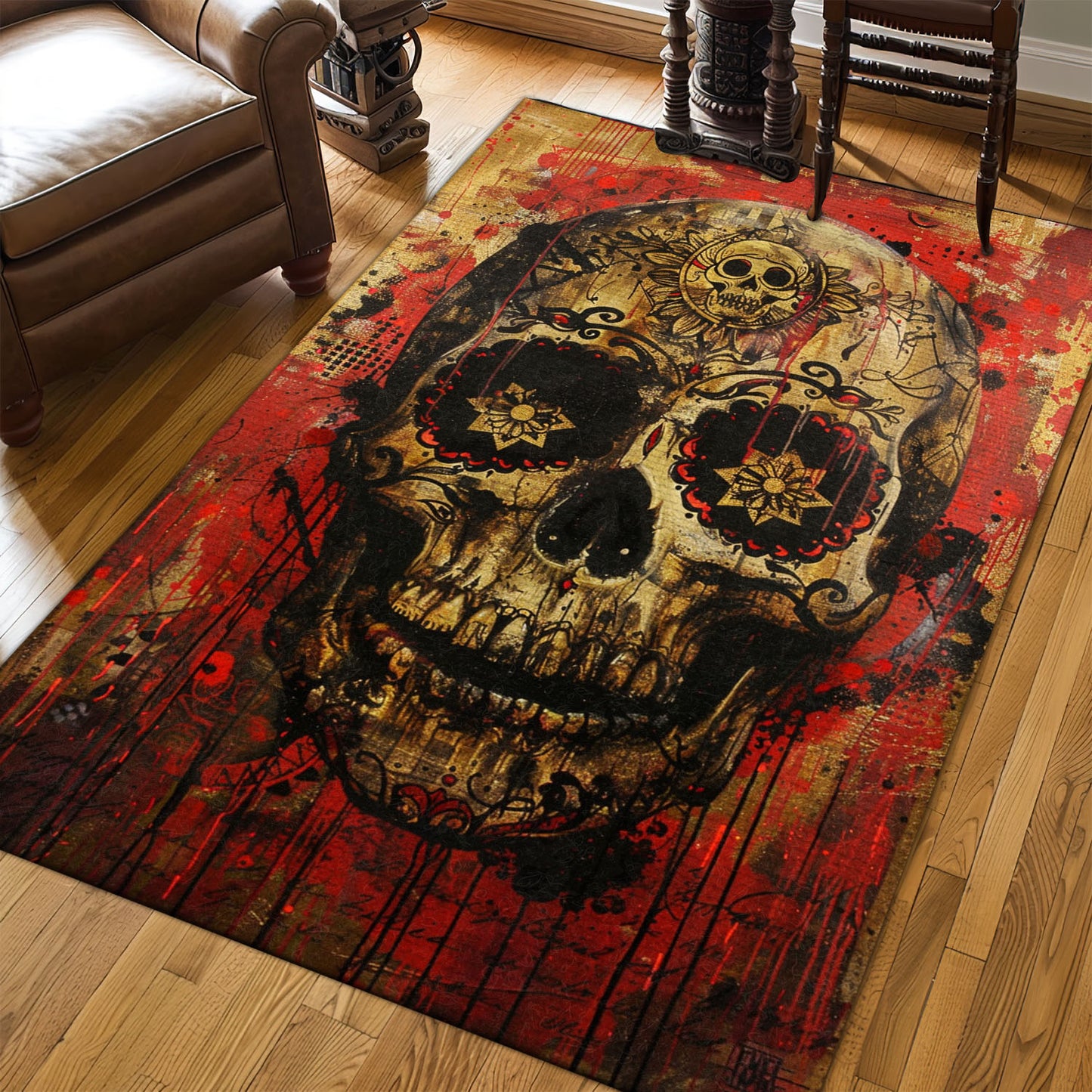 Personalized Mexican Sugar Skull Print Rug: Edgy Touch for Your Living Room, Skull Rug, Area Rugs 5x8, 4x6, 3x5 Size for Living Room Bedroom Home Decorative Skull K49