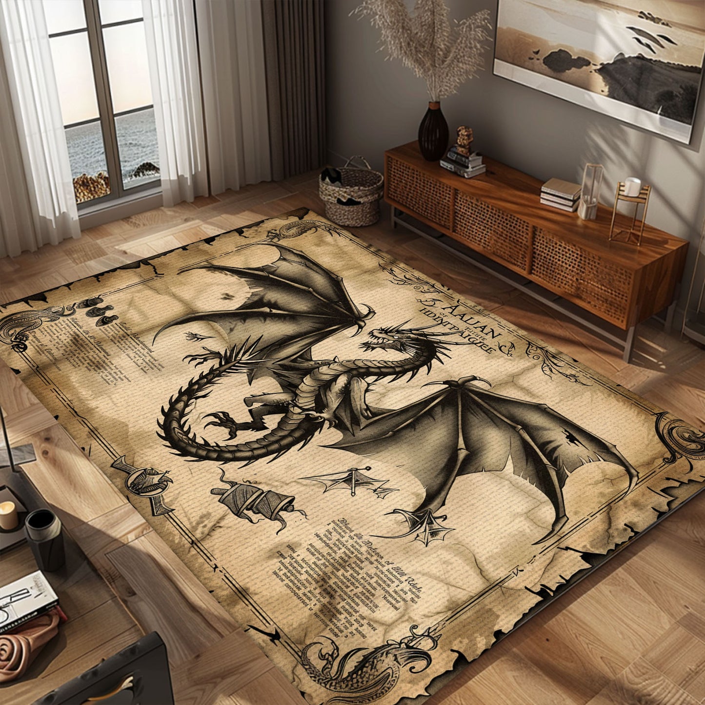 Rustic Dragon Themed Rug for Cabin - Perfect Addition to a Cozy and Rustic Home Decor, Gift For Dragon Lovers, Personalized Dragon Rug for Living Room, Bedroom Home Decor DG36