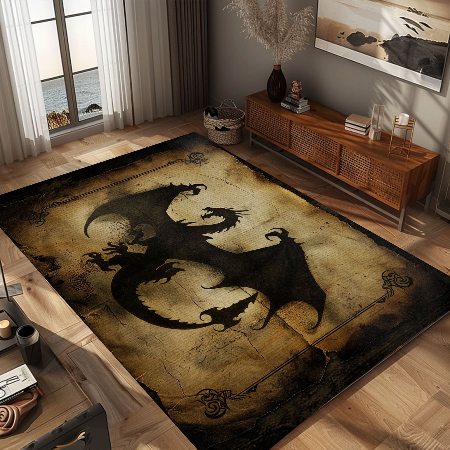 Dragon Area Rug with Abstract Design - Unique and Modern Interpretation of Dragon Imagery, Gift For Dragon Lovers, Personalized Dragon Rug for Living Room, Bedroom Home Decor DG34