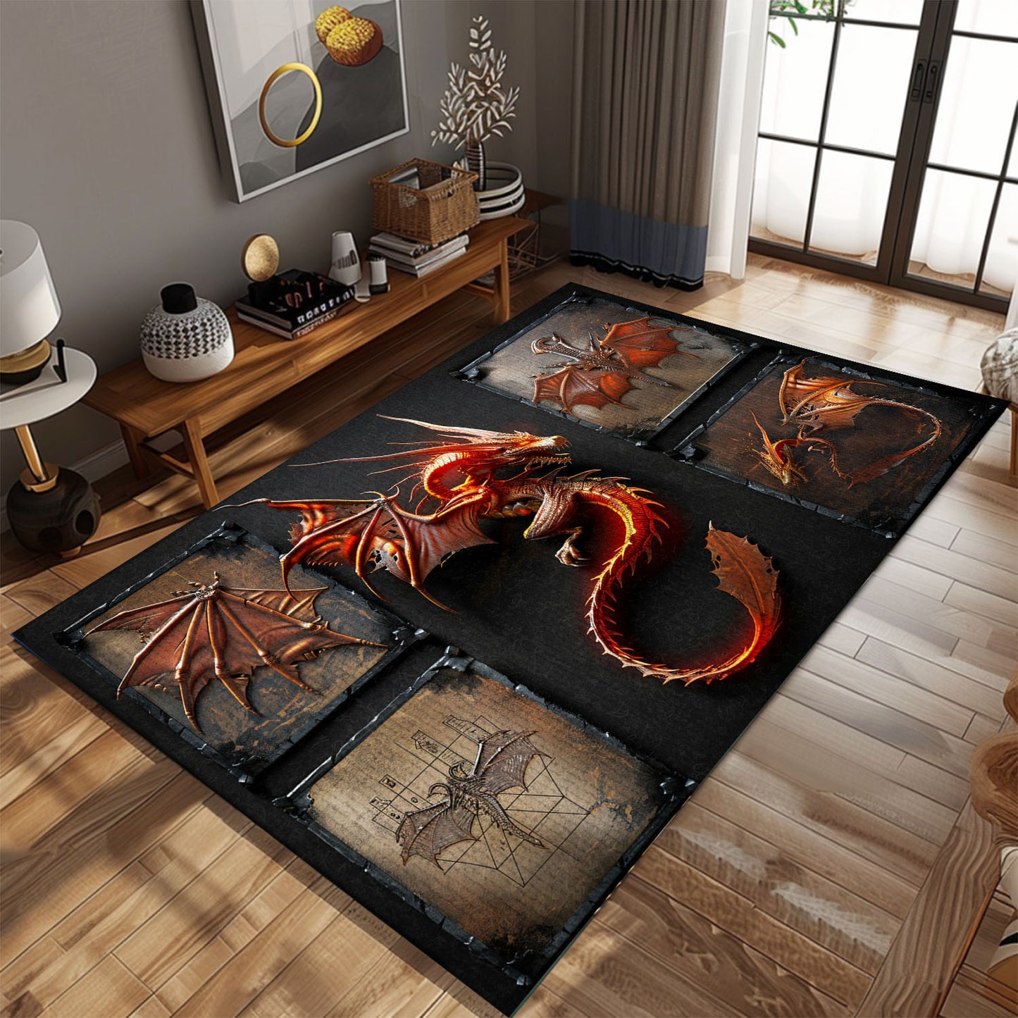 Elegant Dragon Area Rug with Intricate Patterns - A Perfect Decorative Piece for Your Home, Gift For Dragon Lovers, Personalized Dragon Rug for Living Room, Bedroom Home Decor DG17