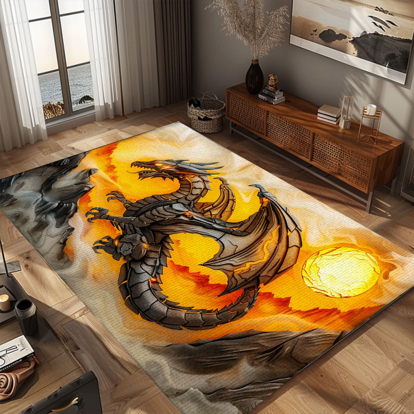 Stylish Dragon Area Rug - Perfect for Bringing a Touch of Fantasy to Your Living Room or Bedroom, Gift For Dragon Lovers, Personalized Dragon Rug for Living Room, Bedroom Home Decor DG10