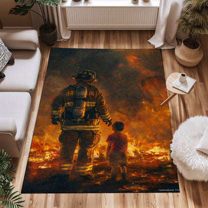 Bold Fire Truck in Front of the USA Flag Area Rug: Show Support for First Responders and Nation, Firefighter Rugs for Living Room Bedroom, Firefighter Rectangular Rugs Full Size FR60