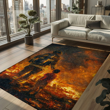 Bold Fire Truck in Front of the USA Flag Area Rug: Show Support for First Responders and Nation, Firefighter Rugs for Living Room Bedroom, Firefighter Rectangular Rugs Full Size FR60