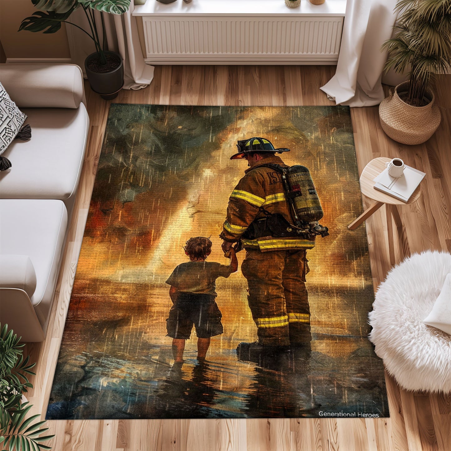 Bold Fire Truck in Front of the USA Flag Area Rug: Show Support for First Responders and Nation, Firefighter Rugs for Living Room Bedroom, Firefighter Rectangular Rugs Full Size FR60