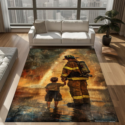 Bold Fire Truck in Front of the USA Flag Area Rug: Show Support for First Responders and Nation, Firefighter Rugs for Living Room Bedroom, Firefighter Rectangular Rugs Full Size FR60