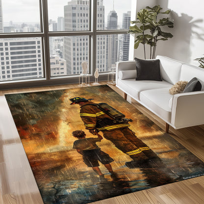 Bravery Runs in the Family: Personalized Father and Son Fire Fighter Rug, Firefighter Rugs for Living Room Bedroom, Firefighter Rectangular Rugs Full Size FR148