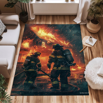 Bold Fire Truck in Front of the USA Flag Area Rug: Show Support for First Responders and Nation, Firefighter Rugs for Living Room Bedroom, Firefighter Rectangular Rugs Full Size FR60