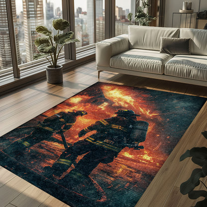 Bold Fire Truck in Front of the USA Flag Area Rug: Show Support for First Responders and Nation, Firefighter Rugs for Living Room Bedroom, Firefighter Rectangular Rugs Full Size FR60