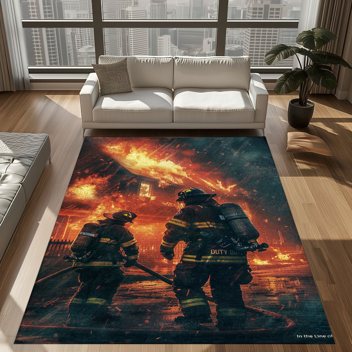 Bold Fire Truck in Front of the USA Flag Area Rug: Show Support for First Responders and Nation, Firefighter Rugs for Living Room Bedroom, Firefighter Rectangular Rugs Full Size FR60