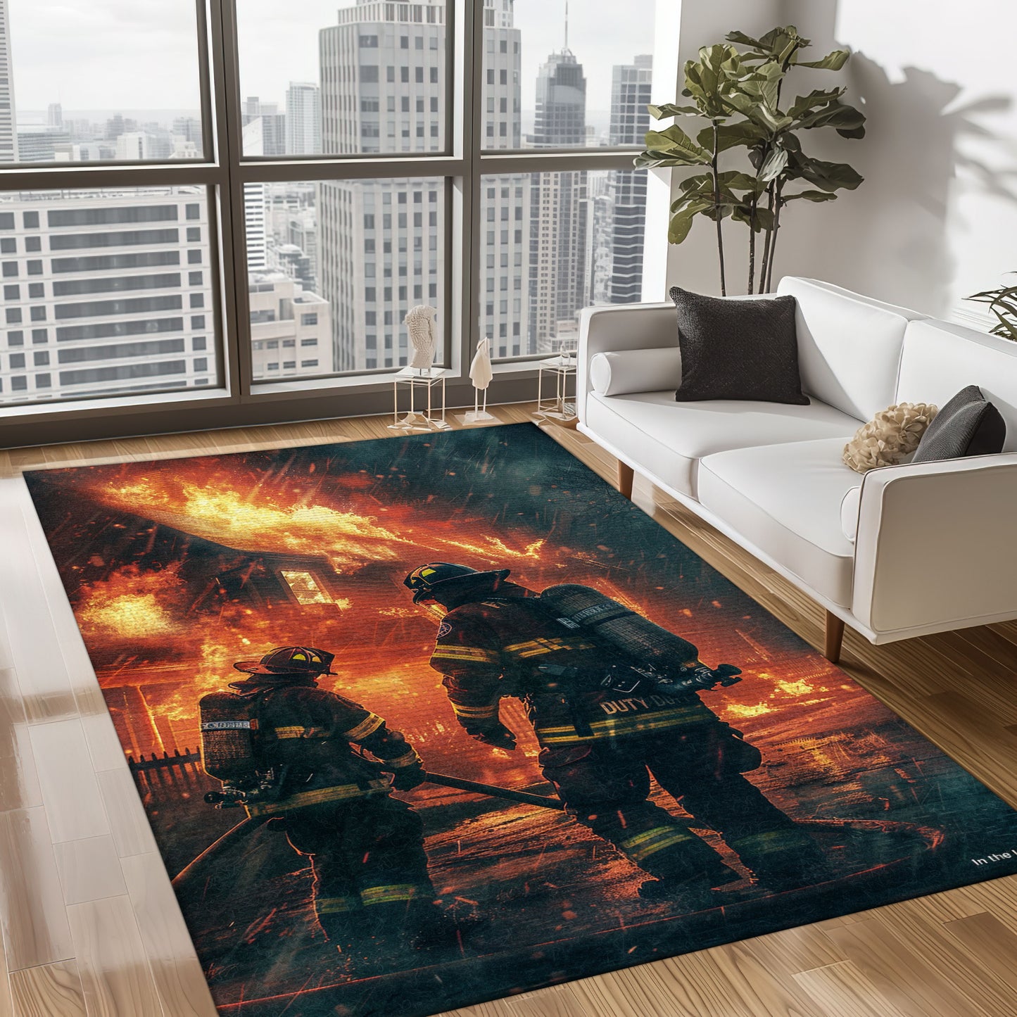 Bold Fire Truck in Front of the USA Flag Area Rug: Show Support for First Responders and Nation, Firefighter Rugs for Living Room Bedroom, Firefighter Rectangular Rugs Full Size FR60