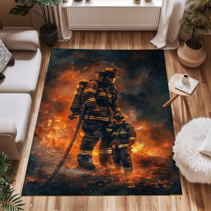 Bold Fire Truck in Front of the USA Flag Area Rug: Show Support for First Responders and Nation, Firefighter Rugs for Living Room Bedroom, Firefighter Rectangular Rugs Full Size FR60