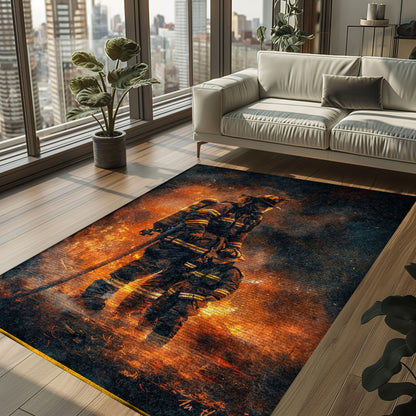 Bold Fire Truck in Front of the USA Flag Area Rug: Show Support for First Responders and Nation, Firefighter Rugs for Living Room Bedroom, Firefighter Rectangular Rugs Full Size FR60