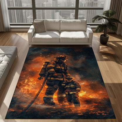 Bold Fire Truck in Front of the USA Flag Area Rug: Show Support for First Responders and Nation, Firefighter Rugs for Living Room Bedroom, Firefighter Rectangular Rugs Full Size FR60