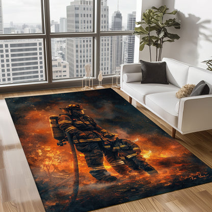 Bold Fire Truck in Front of the USA Flag Area Rug: Show Support for First Responders and Nation, Firefighter Rugs for Living Room Bedroom, Firefighter Rectangular Rugs Full Size FR60