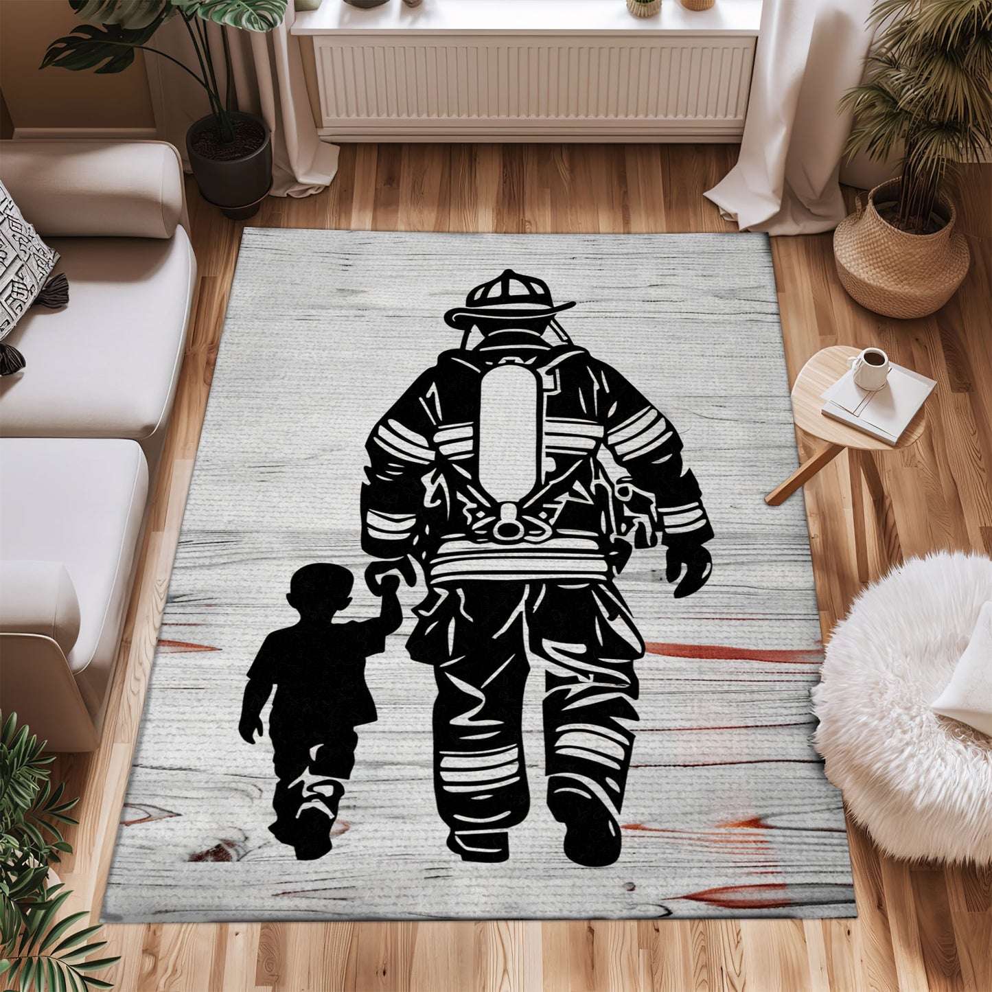 Bold Fire Truck in Front of the USA Flag Area Rug: Show Support for First Responders and Nation, Firefighter Rugs for Living Room Bedroom, Firefighter Rectangular Rugs Full Size FR60