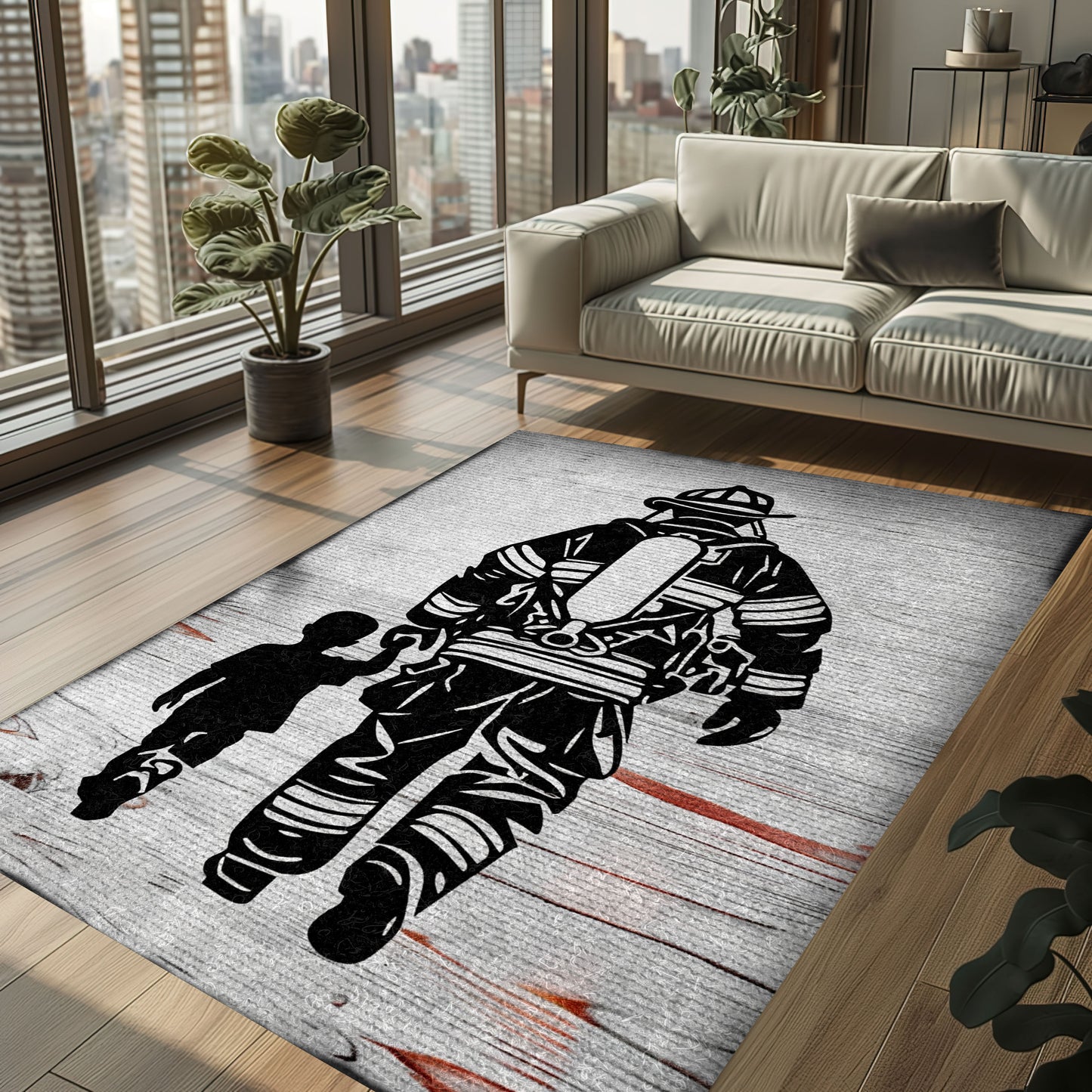 Bold Fire Truck in Front of the USA Flag Area Rug: Show Support for First Responders and Nation, Firefighter Rugs for Living Room Bedroom, Firefighter Rectangular Rugs Full Size FR60