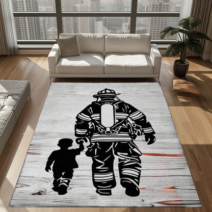 Bold Fire Truck in Front of the USA Flag Area Rug: Show Support for First Responders and Nation, Firefighter Rugs for Living Room Bedroom, Firefighter Rectangular Rugs Full Size FR60