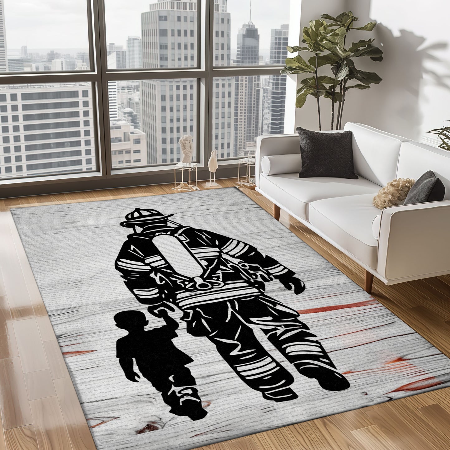 Bold Fire Truck in Front of the USA Flag Area Rug: Show Support for First Responders and Nation, Firefighter Rugs for Living Room Bedroom, Firefighter Rectangular Rugs Full Size FR60