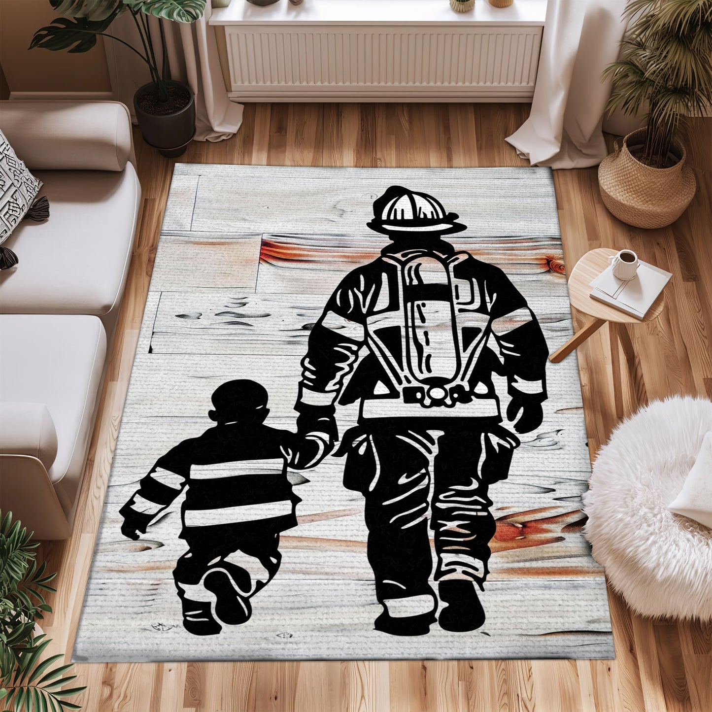 Bold Fire Truck in Front of the USA Flag Area Rug: Show Support for First Responders and Nation, Firefighter Rugs for Living Room Bedroom, Firefighter Rectangular Rugs Full Size FR60