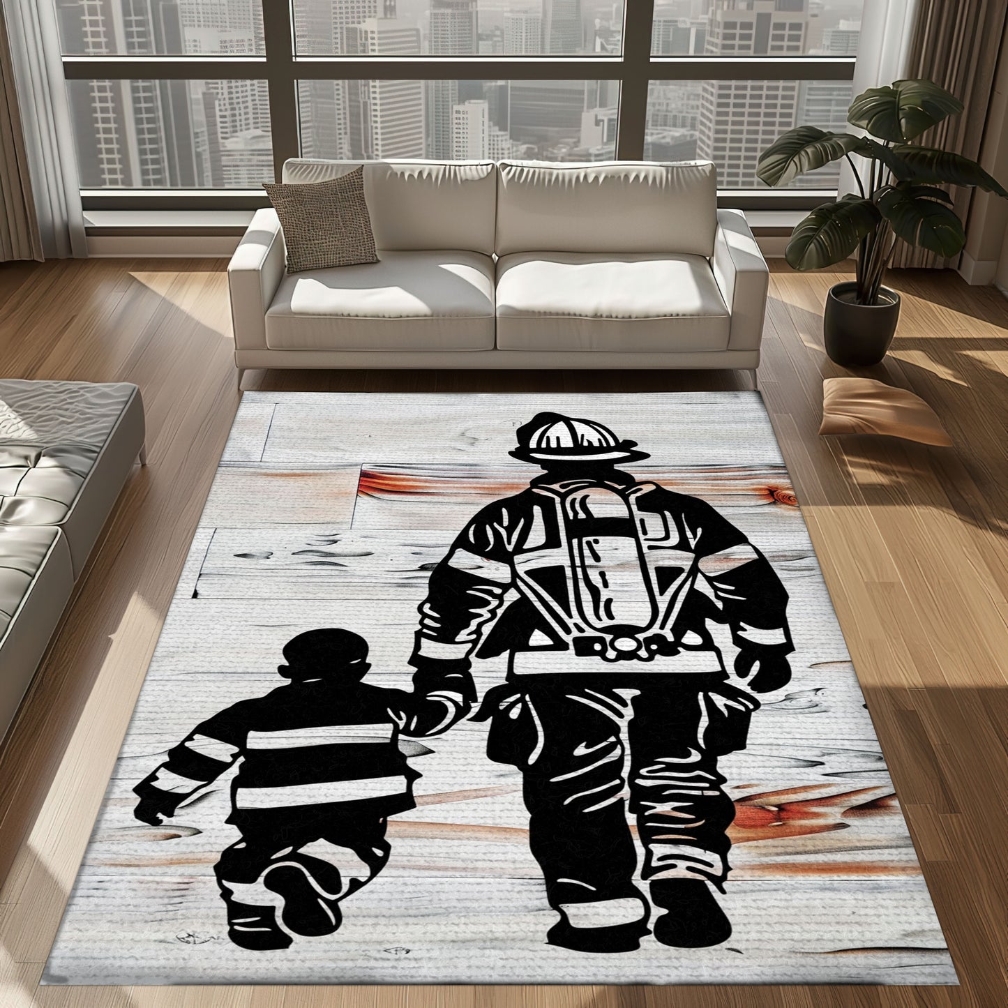 Bold Fire Truck in Front of the USA Flag Area Rug: Show Support for First Responders and Nation, Firefighter Rugs for Living Room Bedroom, Firefighter Rectangular Rugs Full Size FR60