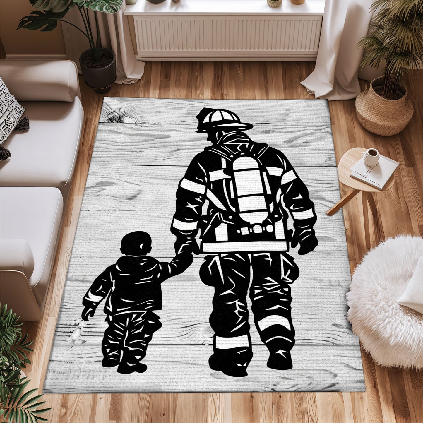 Bold Fire Truck in Front of the USA Flag Area Rug: Show Support for First Responders and Nation, Firefighter Rugs for Living Room Bedroom, Firefighter Rectangular Rugs Full Size FR60