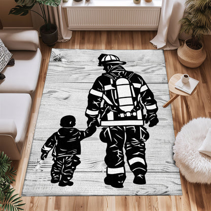 Bold Fire Truck in Front of the USA Flag Area Rug: Show Support for First Responders and Nation, Firefighter Rugs for Living Room Bedroom, Firefighter Rectangular Rugs Full Size FR60