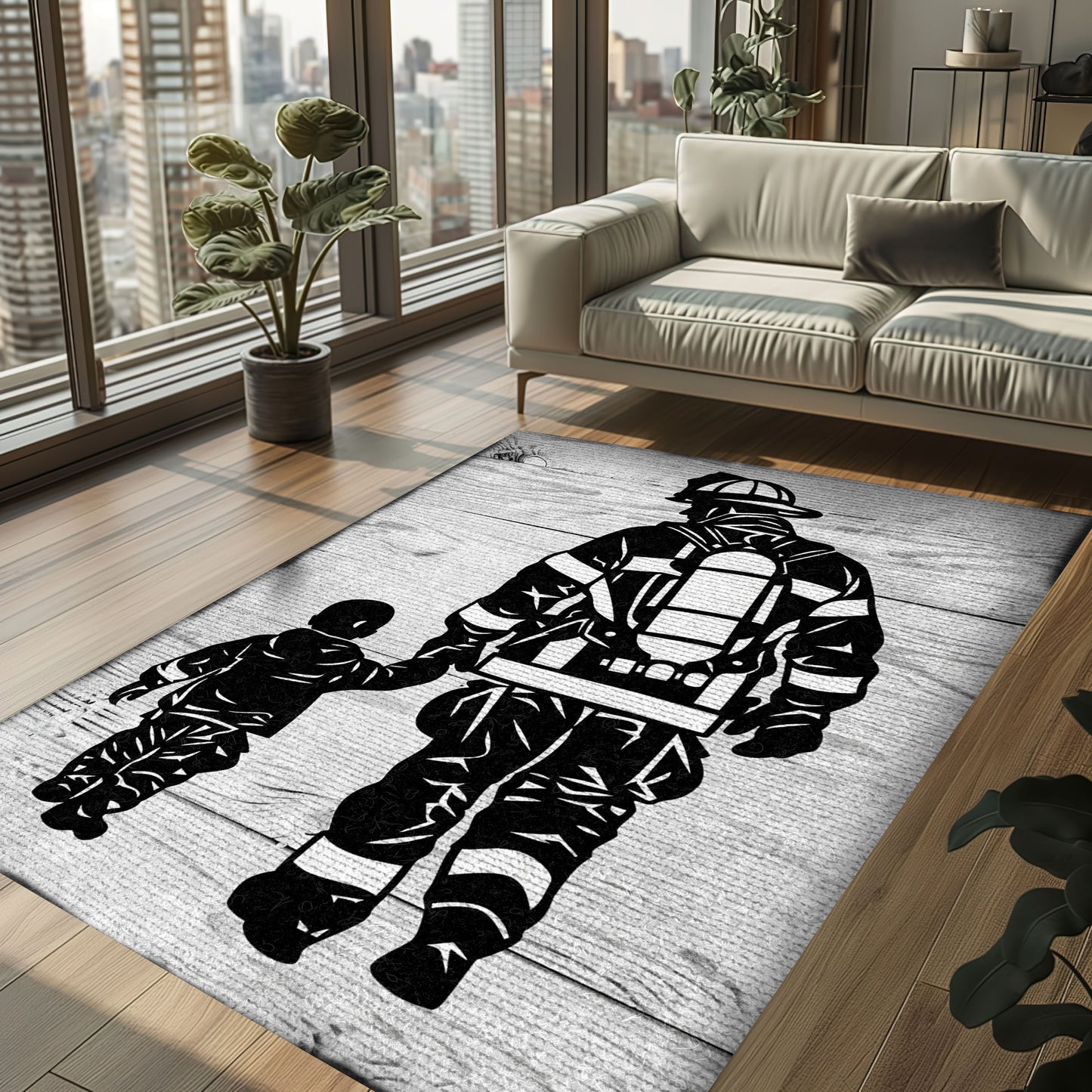 Bold Fire Truck in Front of the USA Flag Area Rug: Show Support for First Responders and Nation, Firefighter Rugs for Living Room Bedroom, Firefighter Rectangular Rugs Full Size FR60