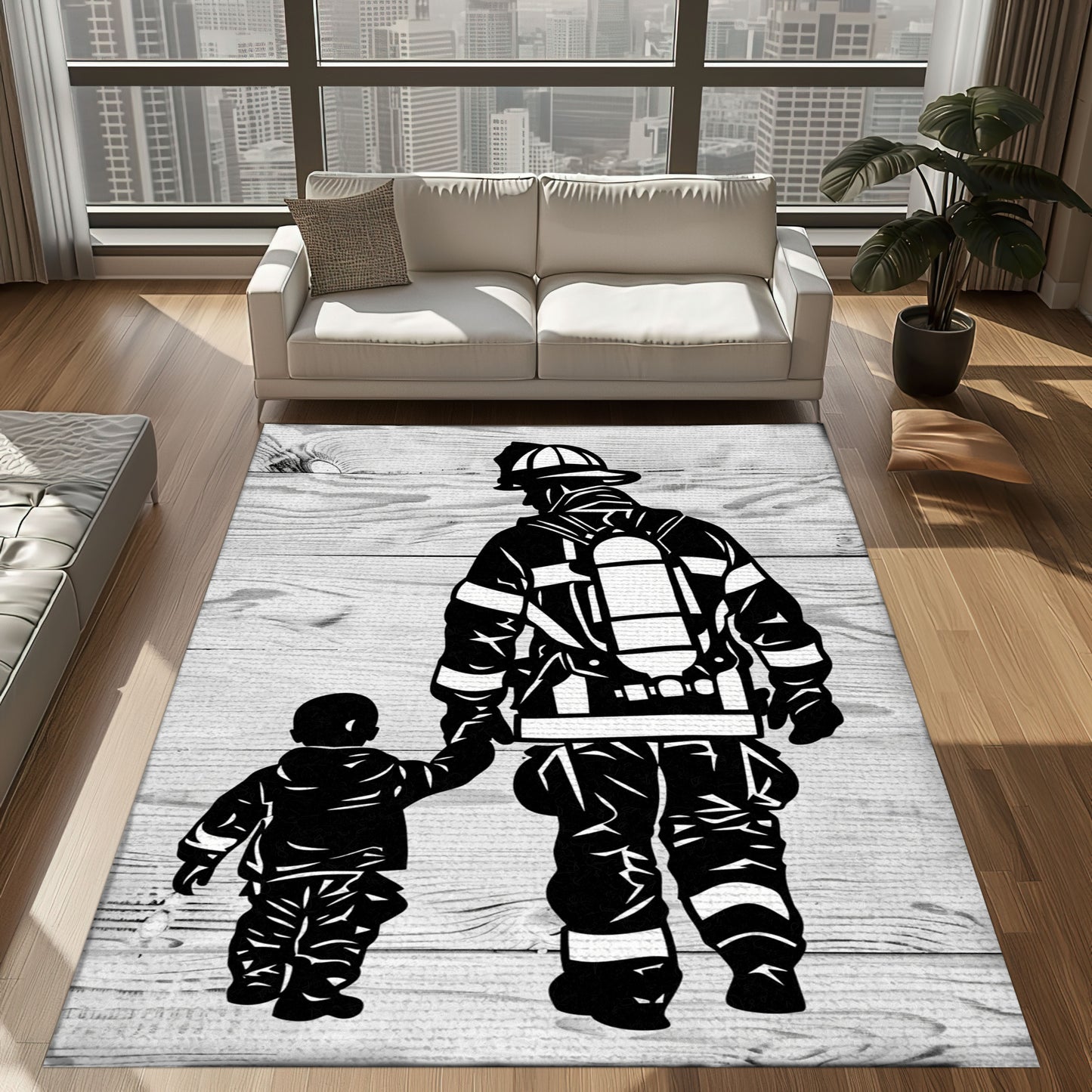 Bold Fire Truck in Front of the USA Flag Area Rug: Show Support for First Responders and Nation, Firefighter Rugs for Living Room Bedroom, Firefighter Rectangular Rugs Full Size FR60