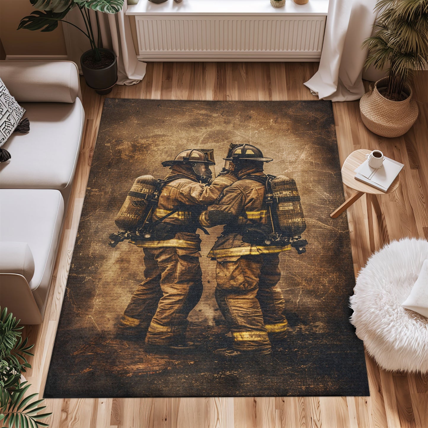 Bold Fire Truck in Front of the USA Flag Area Rug: Show Support for First Responders and Nation, Firefighter Rugs for Living Room Bedroom, Firefighter Rectangular Rugs Full Size FR60