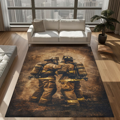 Bold Fire Truck in Front of the USA Flag Area Rug: Show Support for First Responders and Nation, Firefighter Rugs for Living Room Bedroom, Firefighter Rectangular Rugs Full Size FR60