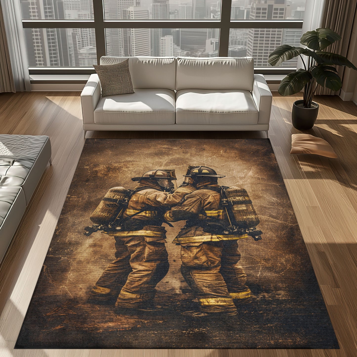 Heartwarming Dad Firefighter and Son Personalized Area Rug: Symbolize Family Bond and Courage, Firefighter Rugs for Living Room Bedroom, Firefighter Rectangular Rugs Full Size FR65