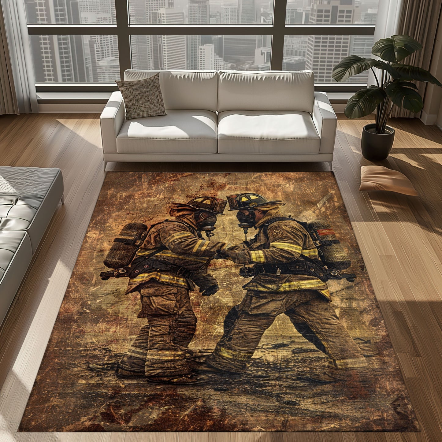 Bold Fire Truck in Front of the USA Flag Area Rug: Show Support for First Responders and Nation, Firefighter Rugs for Living Room Bedroom, Firefighter Rectangular Rugs Full Size FR60