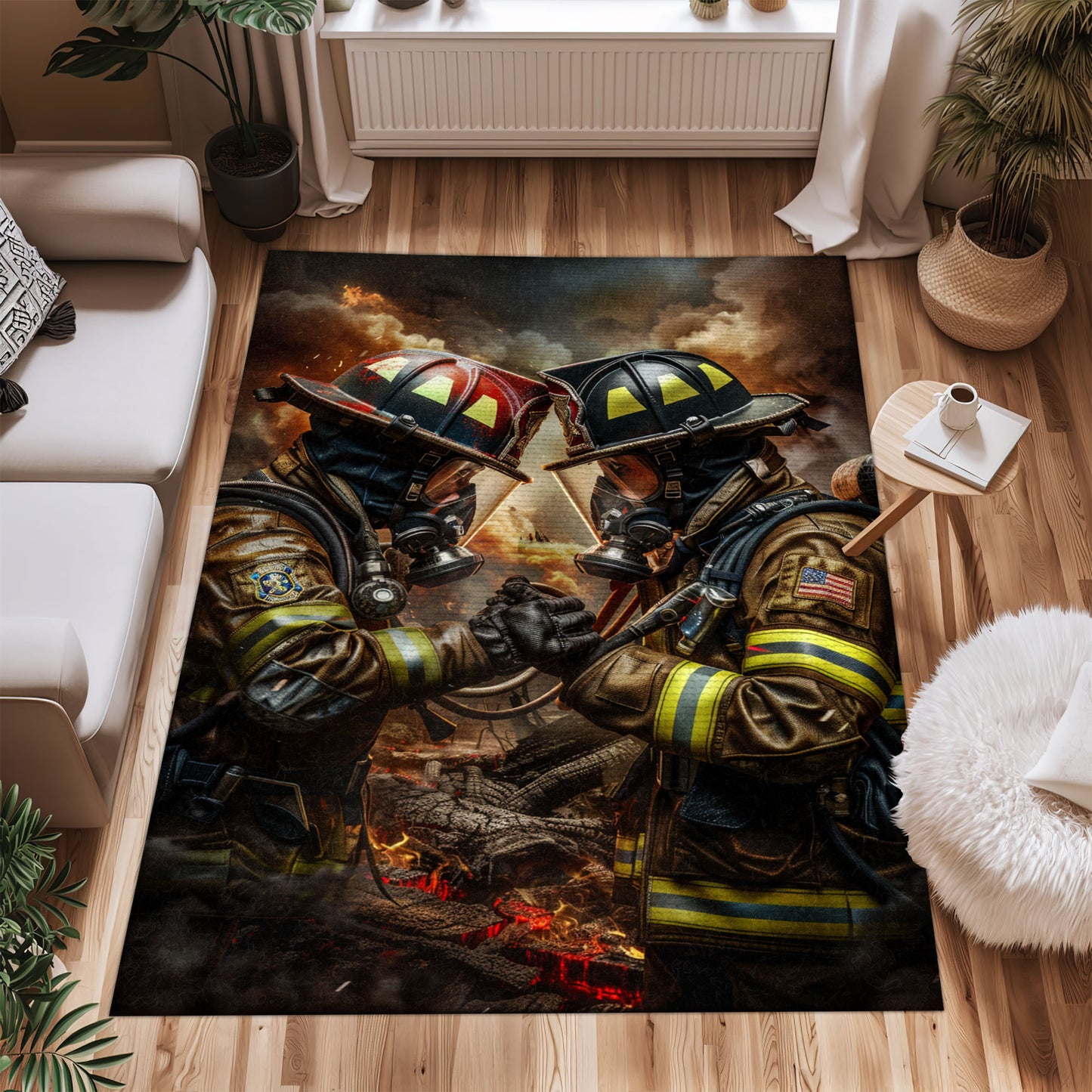 Bold Fire Truck in Front of the USA Flag Area Rug: Show Support for First Responders and Nation, Firefighter Rugs for Living Room Bedroom, Firefighter Rectangular Rugs Full Size FR60