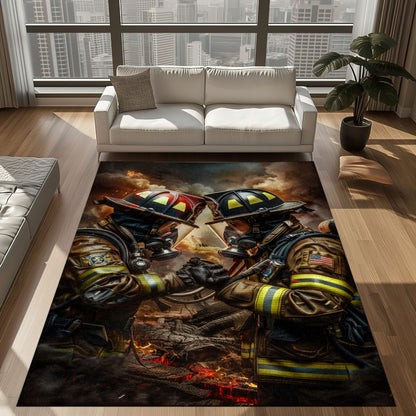 Bold Fire Truck in Front of the USA Flag Area Rug: Show Support for First Responders and Nation, Firefighter Rugs for Living Room Bedroom, Firefighter Rectangular Rugs Full Size FR60