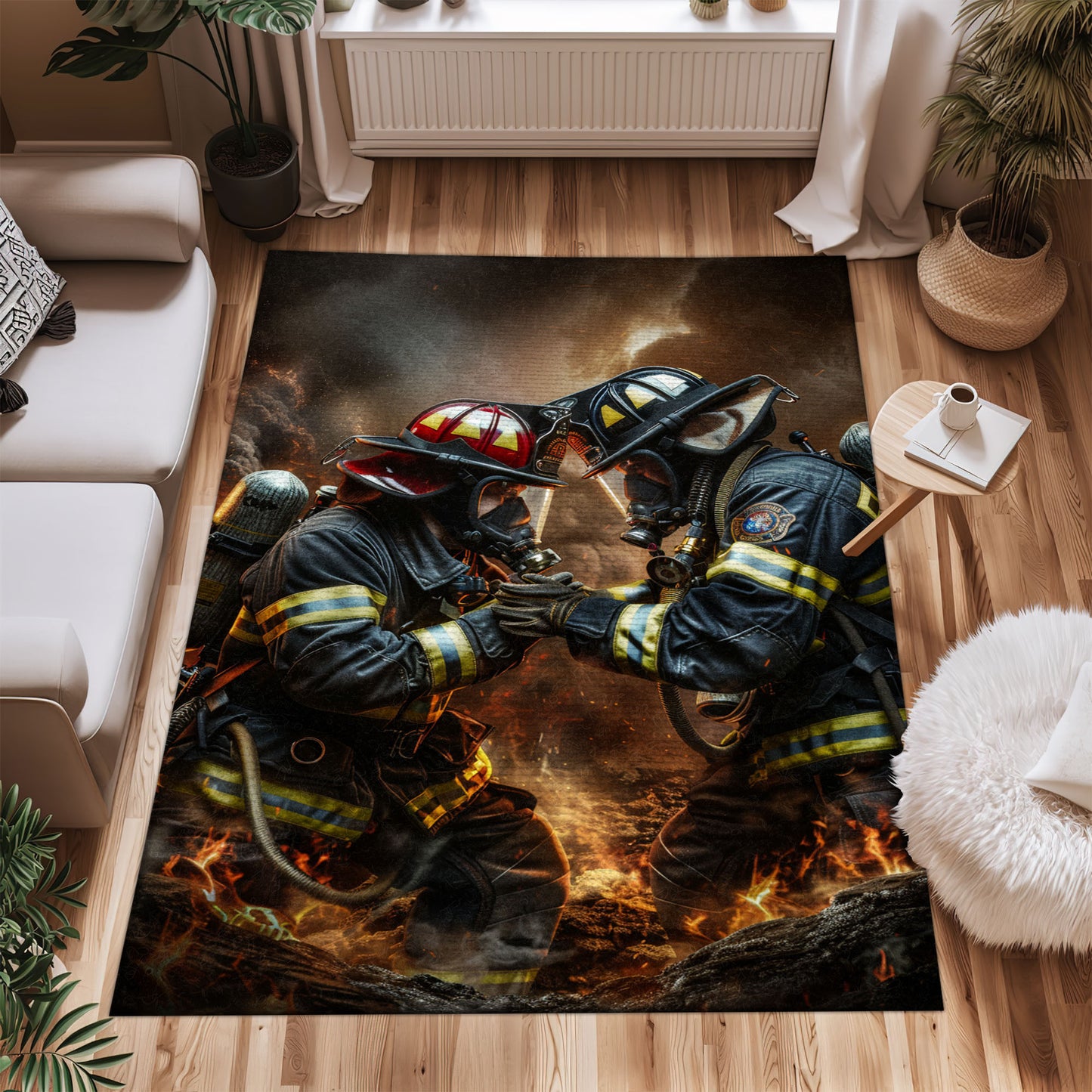 Bold Fire Truck in Front of the USA Flag Area Rug: Show Support for First Responders and Nation, Firefighter Rugs for Living Room Bedroom, Firefighter Rectangular Rugs Full Size FR60