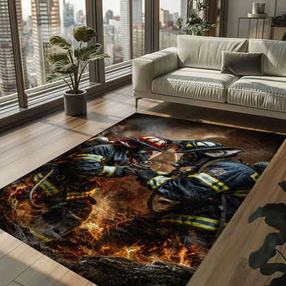 Bold Fire Truck in Front of the USA Flag Area Rug: Show Support for First Responders and Nation, Firefighter Rugs for Living Room Bedroom, Firefighter Rectangular Rugs Full Size FR60