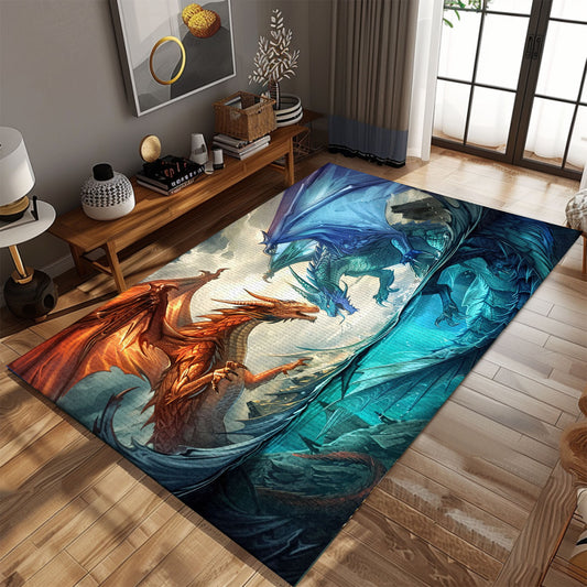 Fire and Ice Dragons Area Rug, Perfect for Creating a Balanced and Intriguing Design in Your Living Area, Gift For Dragon Lovers, Personalized Dragon Rug for Living Room, Bedroom DG87