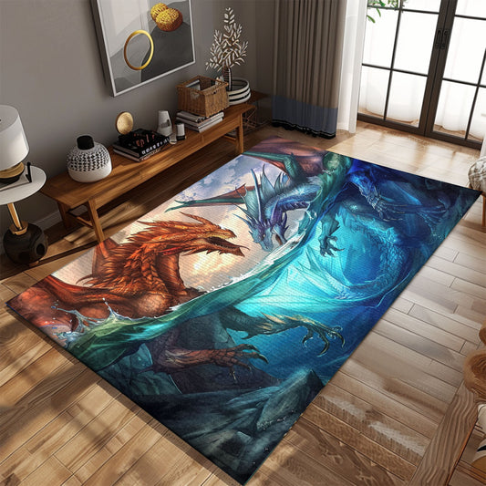 Captivating Fire and Ice Dragons Area Rug, Ideal for Adding a Dramatic and Mythical Touch to Your Space, Gift For Dragon Lovers, Personalized Dragon Rug for Living Room, Bedroom DG86