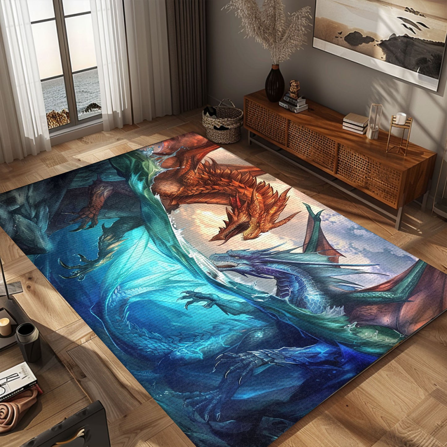 Captivating Fire and Ice Dragons Area Rug, Ideal for Adding a Dramatic and Mythical Touch to Your Space, Gift For Dragon Lovers, Personalized Dragon Rug for Living Room, Bedroom DG86