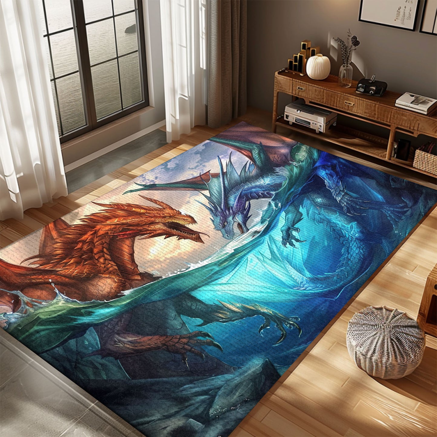 Captivating Fire and Ice Dragons Area Rug, Ideal for Adding a Dramatic and Mythical Touch to Your Space, Gift For Dragon Lovers, Personalized Dragon Rug for Living Room, Bedroom DG86
