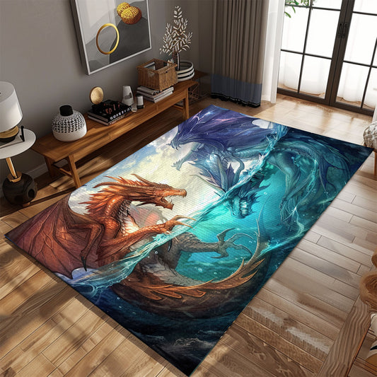 Dynamic Fire and Ice Dragons Area Rug, Featuring Contrasting Elements for a Unique and Striking Home Decor, Gift For Dragon Lovers, Personalized Dragon Rug for Living Room, Bedroom DG85