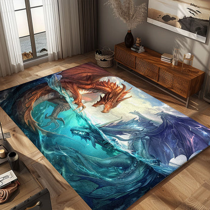 Dynamic Fire and Ice Dragons Area Rug, Featuring Contrasting Elements for a Unique and Striking Home Decor, Gift For Dragon Lovers, Personalized Dragon Rug for Living Room, Bedroom DG85