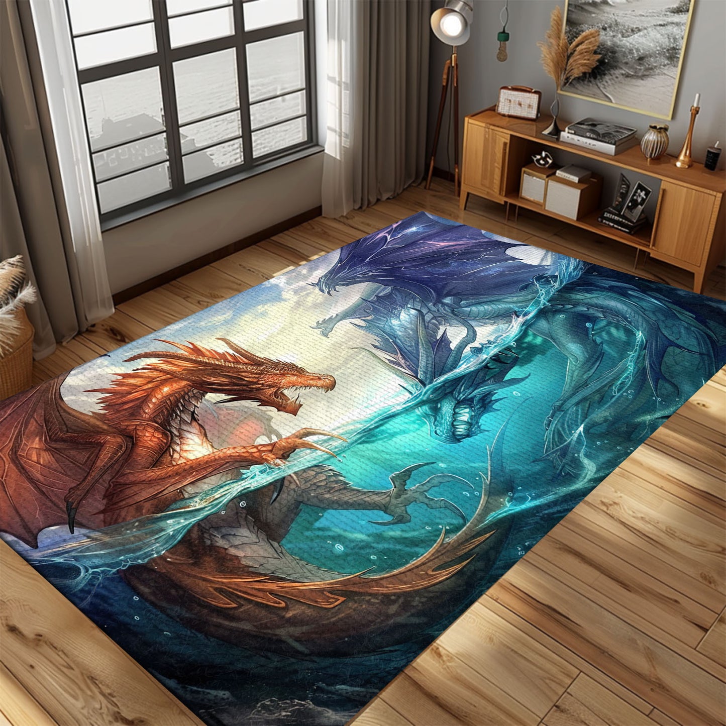 Dynamic Fire and Ice Dragons Area Rug, Featuring Contrasting Elements for a Unique and Striking Home Decor, Gift For Dragon Lovers, Personalized Dragon Rug for Living Room, Bedroom DG85