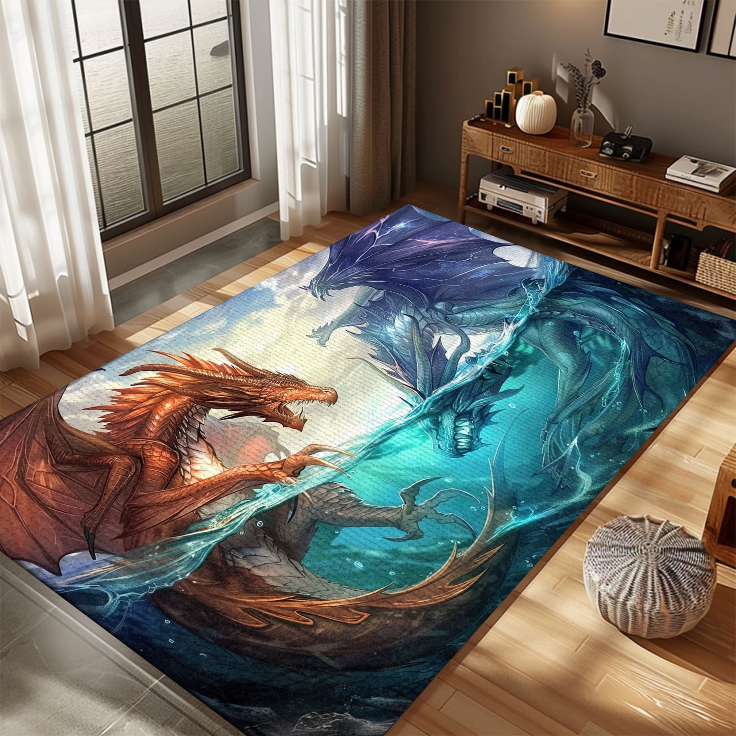 Dynamic Fire and Ice Dragons Area Rug, Featuring Contrasting Elements for a Unique and Striking Home Decor, Gift For Dragon Lovers, Personalized Dragon Rug for Living Room, Bedroom DG85