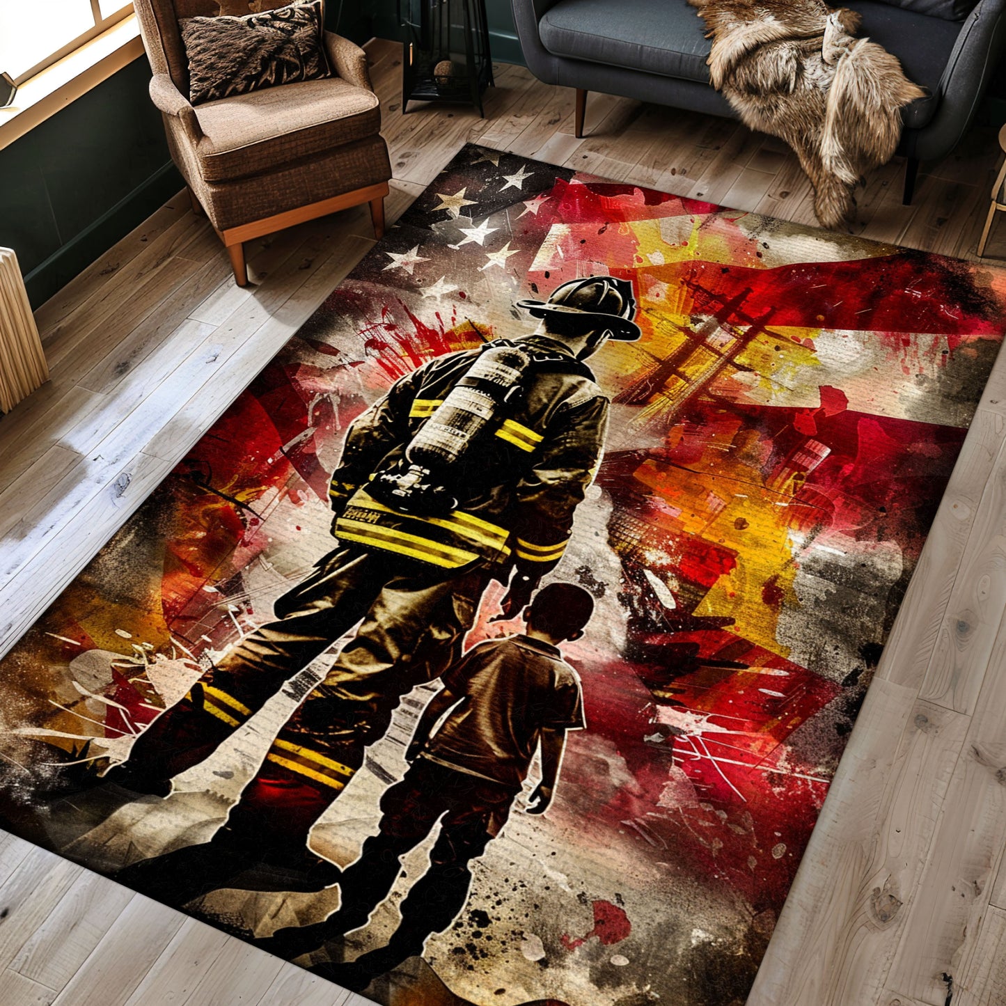 Vibrant Firefighter Dad and Son Design Rug: Showcase Family Bond and Courage, Firefighter Rugs for Living Room Bedroom, Firefighter Rectangular Rugs Full Size FR50