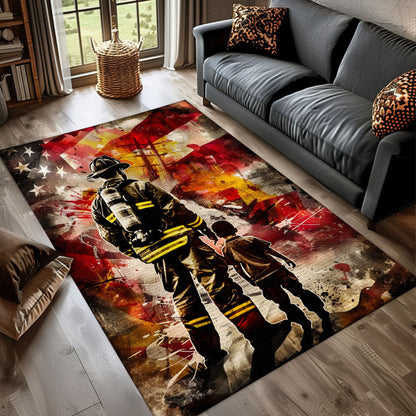 Vibrant Firefighter Dad and Son Design Rug: Showcase Family Bond and Courage, Firefighter Rugs for Living Room Bedroom, Firefighter Rectangular Rugs Full Size FR50